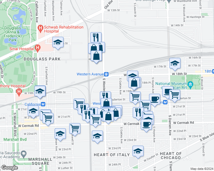 map of restaurants, bars, coffee shops, grocery stores, and more near 1853 South Western Avenue in Chicago