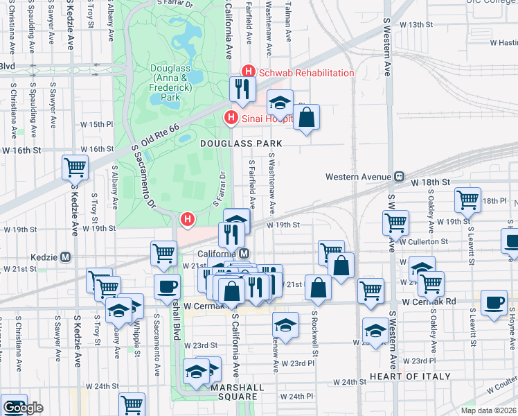 map of restaurants, bars, coffee shops, grocery stores, and more near 1840 South Fairfield Avenue in Chicago