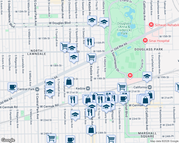 map of restaurants, bars, coffee shops, grocery stores, and more near in Chicago