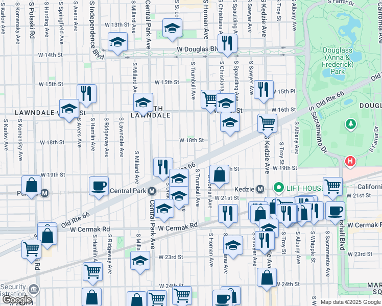 map of restaurants, bars, coffee shops, grocery stores, and more near 1833 South Saint Louis Avenue in Chicago
