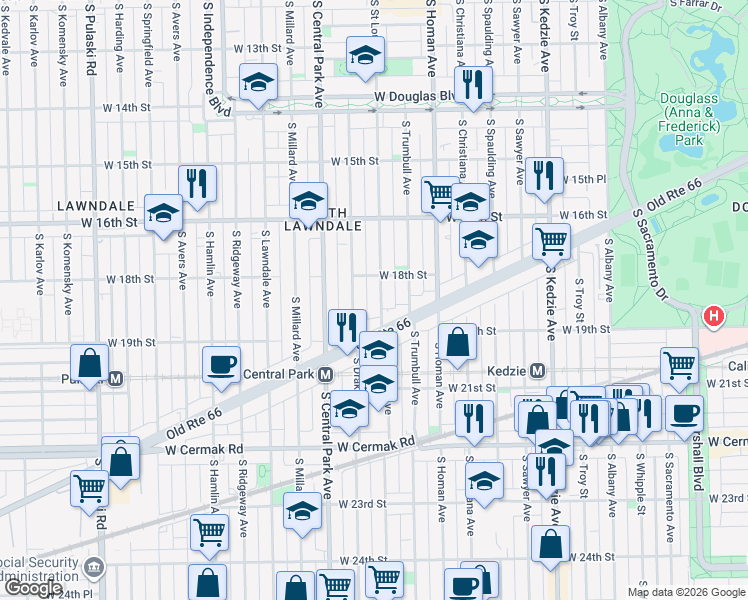 map of restaurants, bars, coffee shops, grocery stores, and more near 1833 South Saint Louis Avenue in Chicago