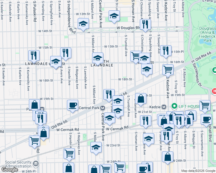 map of restaurants, bars, coffee shops, grocery stores, and more near 1836 South Drake Avenue in Chicago