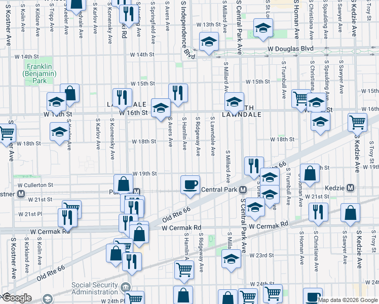 map of restaurants, bars, coffee shops, grocery stores, and more near 1838 South Hamlin Avenue in Chicago