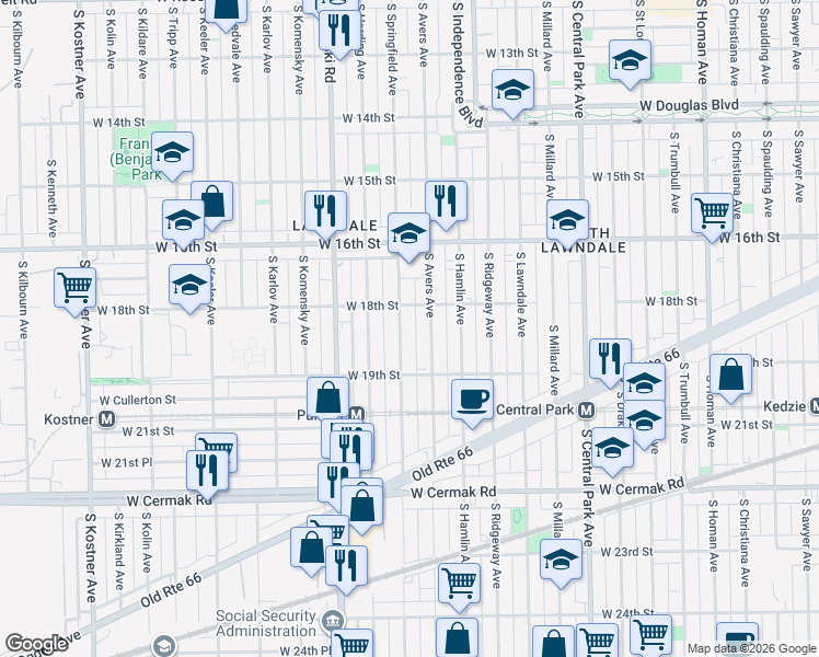 map of restaurants, bars, coffee shops, grocery stores, and more near 1834 South Avers Avenue in Chicago