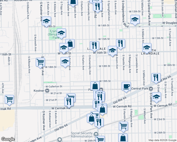 map of restaurants, bars, coffee shops, grocery stores, and more near 1829 South Komensky Avenue in Chicago