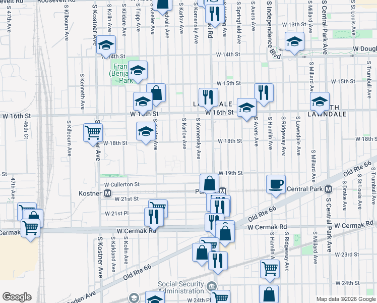 map of restaurants, bars, coffee shops, grocery stores, and more near 1856 South Karlov Avenue in Chicago