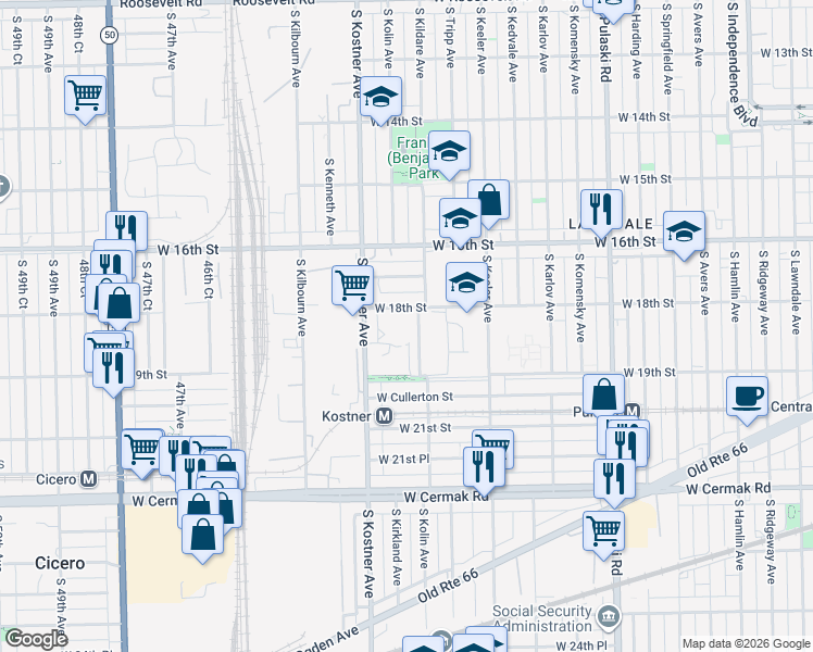 map of restaurants, bars, coffee shops, grocery stores, and more near 4338 West 18th Street in Chicago