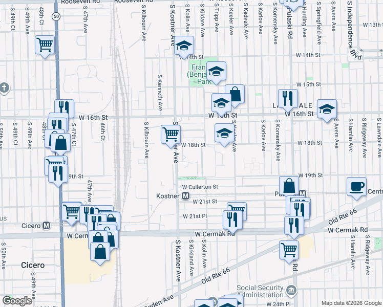 map of restaurants, bars, coffee shops, grocery stores, and more near 4338 West 18th Street in Chicago