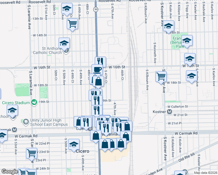 map of restaurants, bars, coffee shops, grocery stores, and more near 1815 South 47th Court in Cicero