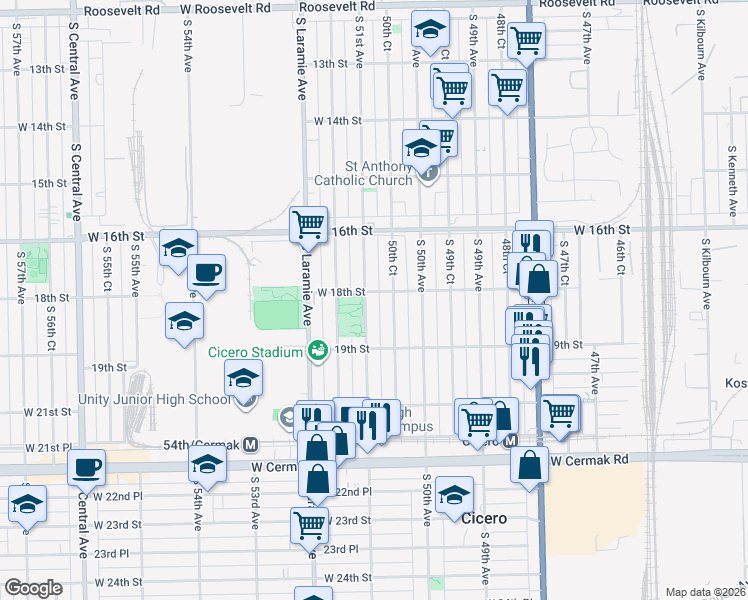 map of restaurants, bars, coffee shops, grocery stores, and more near 1815 South 51st Avenue in Cicero