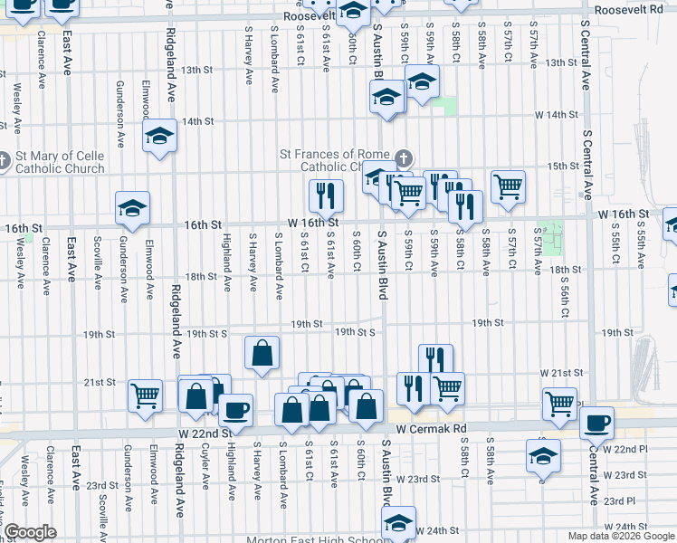 map of restaurants, bars, coffee shops, grocery stores, and more near 1804 South 60th Court in Cicero