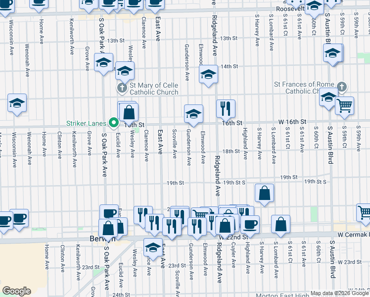 map of restaurants, bars, coffee shops, grocery stores, and more near 6446 18th Street in Berwyn