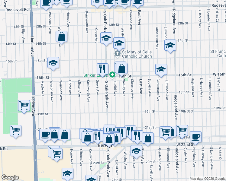 map of restaurants, bars, coffee shops, grocery stores, and more near 1801 Euclid Avenue in Berwyn