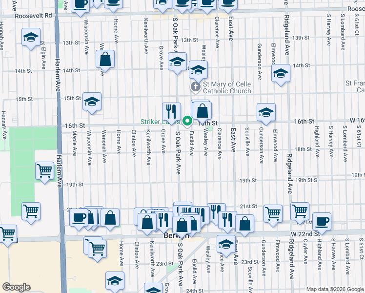 map of restaurants, bars, coffee shops, grocery stores, and more near in Berwyn