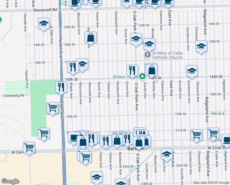 map of restaurants, bars, coffee shops, grocery stores, and more near 1800 Kenilworth Avenue in Berwyn