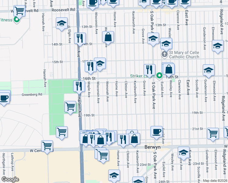 map of restaurants, bars, coffee shops, grocery stores, and more near 1645 Wenonah Avenue in Berwyn