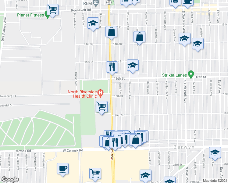 map of restaurants, bars, coffee shops, grocery stores, and more near 1730 South Harlem Avenue in North Riverside