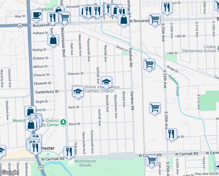 map of restaurants, bars, coffee shops, grocery stores, and more near 1606 Manchester Avenue in Westchester