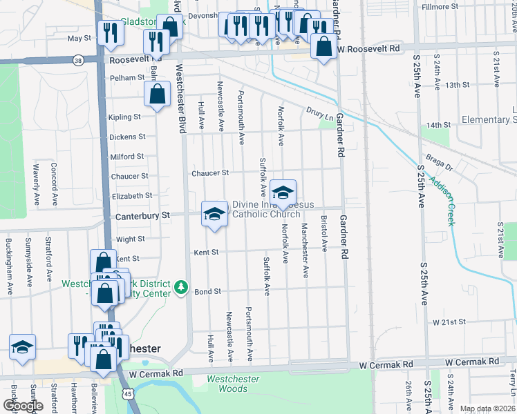map of restaurants, bars, coffee shops, grocery stores, and more near 1603 Portsmouth Avenue in Westchester