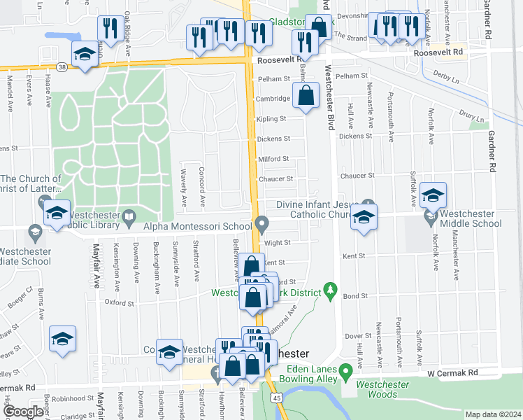 map of restaurants, bars, coffee shops, grocery stores, and more near in Westchester