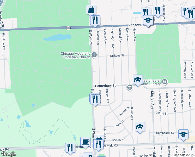 map of restaurants, bars, coffee shops, grocery stores, and more near 1541 South Wolf Road in Hillside