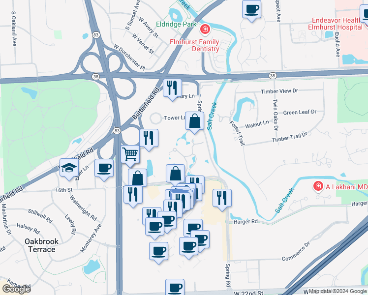 map of restaurants, bars, coffee shops, grocery stores, and more near 1 Oak Brook Club Drive in Oak Brook
