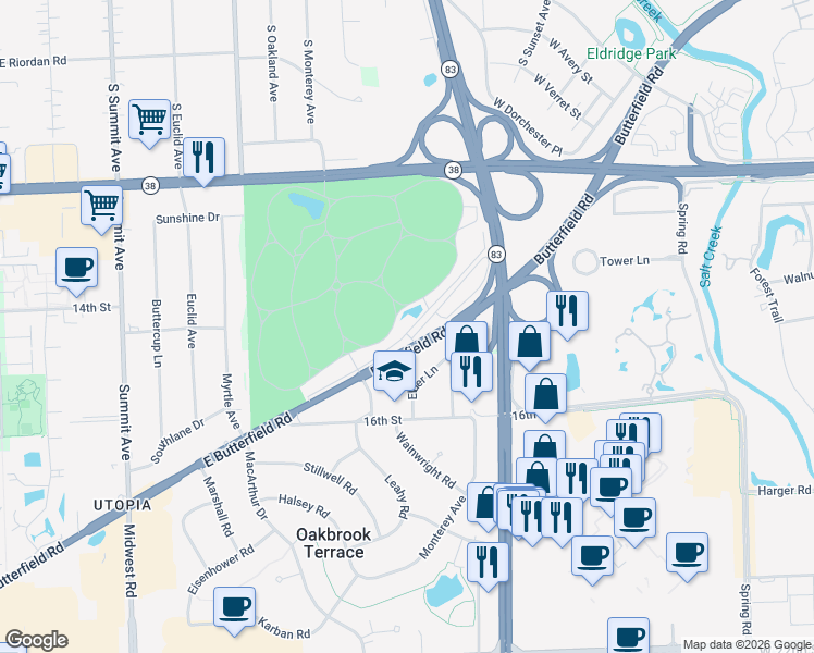 map of restaurants, bars, coffee shops, grocery stores, and more near 714 Butterfield Road in Oakbrook Terrace