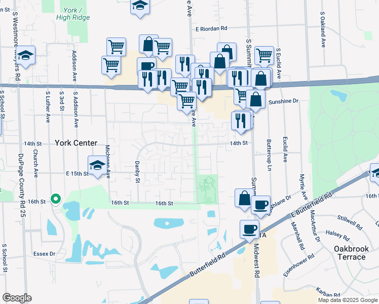 map of restaurants, bars, coffee shops, grocery stores, and more near 18W014 Standish Lane in Villa Park