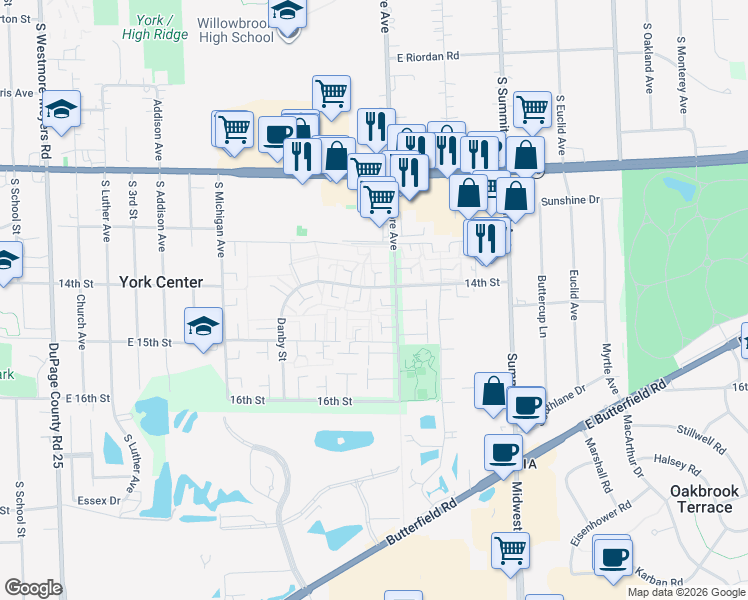 map of restaurants, bars, coffee shops, grocery stores, and more near 18W014 Standish Lane in Villa Park