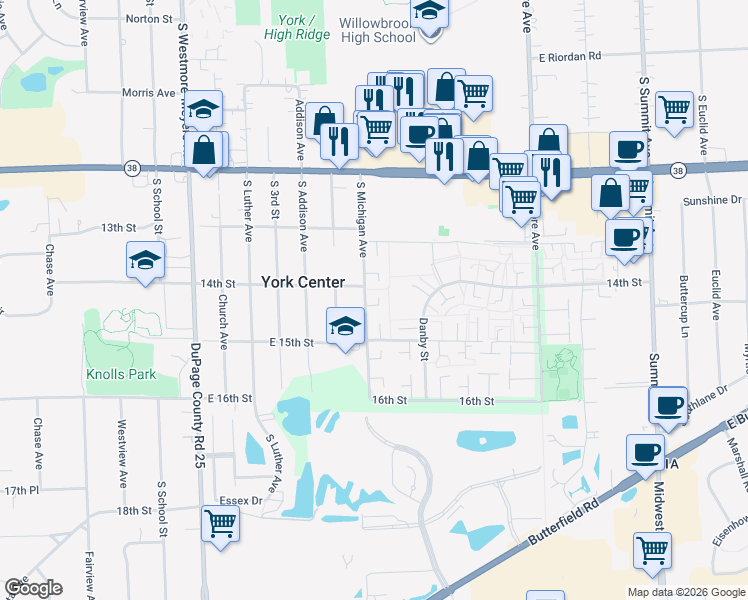 map of restaurants, bars, coffee shops, grocery stores, and more near 1S234 Michigan Avenue in Lombard
