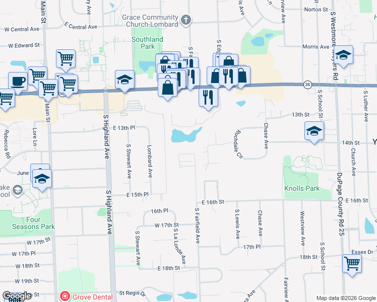 map of restaurants, bars, coffee shops, grocery stores, and more near 1450 South Fairfield Avenue in Lombard