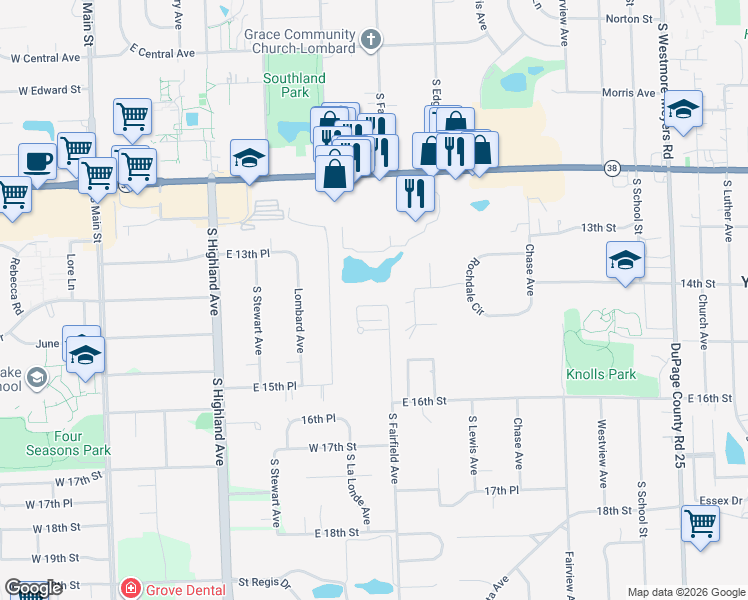 map of restaurants, bars, coffee shops, grocery stores, and more near 1450 South Fairfield Avenue in Lombard