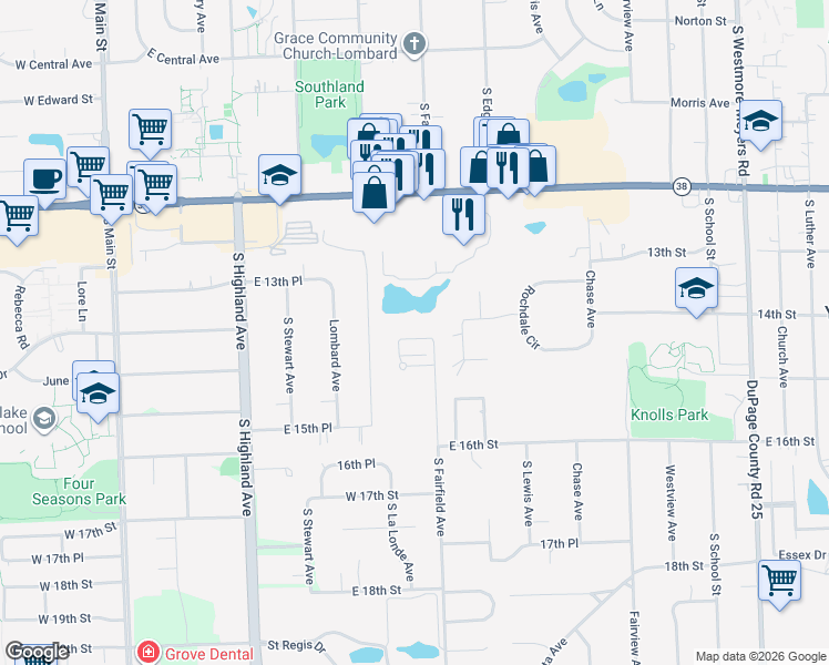 map of restaurants, bars, coffee shops, grocery stores, and more near 1450 South Fairfield Avenue in Lombard