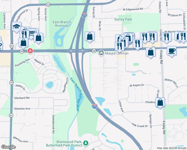 map of restaurants, bars, coffee shops, grocery stores, and more near 1268 Lawler Avenue in Lombard