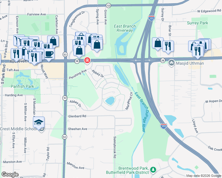 map of restaurants, bars, coffee shops, grocery stores, and more near 873 Baker Court in Glen Ellyn