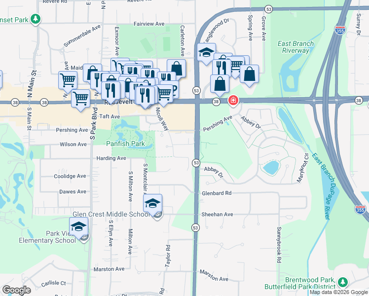 map of restaurants, bars, coffee shops, grocery stores, and more near 97 Nicoll Way in Glen Ellyn