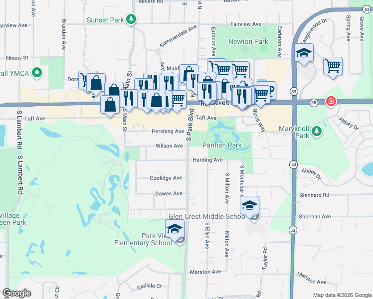 map of restaurants, bars, coffee shops, grocery stores, and more near 425 Fawell Boulevard in Glen Ellyn