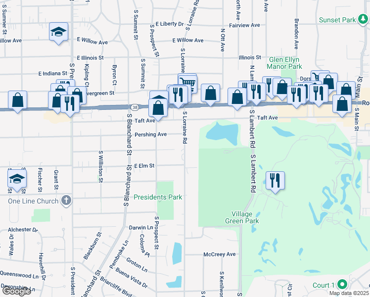 map of restaurants, bars, coffee shops, grocery stores, and more near 1001 South Lorraine Road in Wheaton