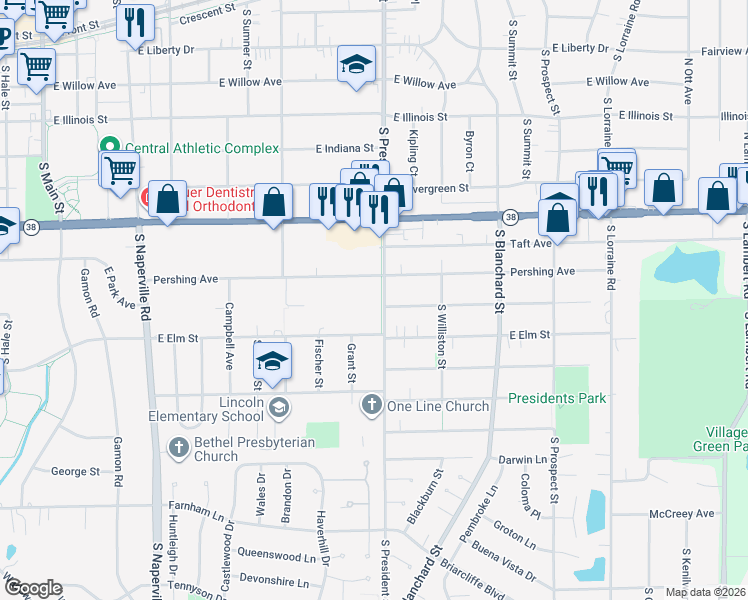 map of restaurants, bars, coffee shops, grocery stores, and more near 1003 South President Street in Wheaton