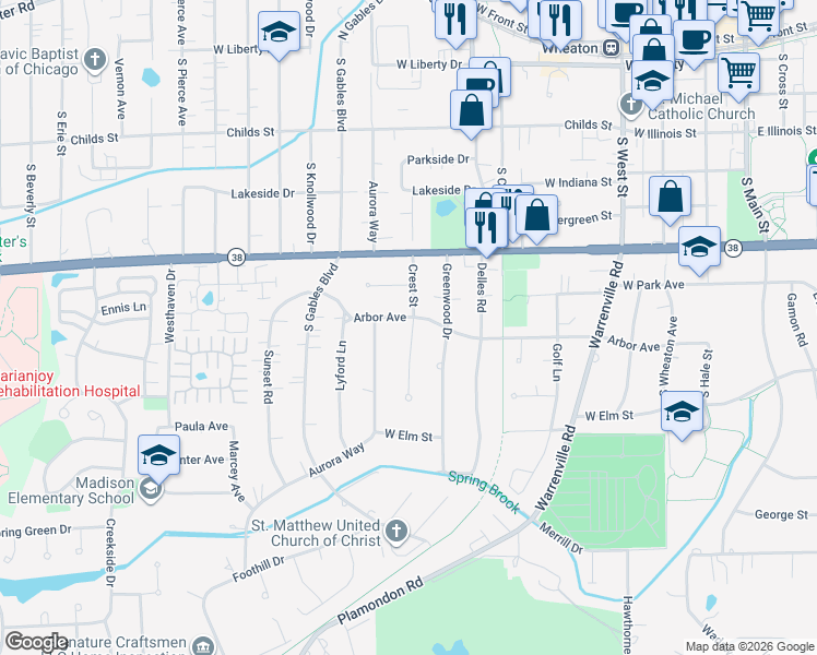 map of restaurants, bars, coffee shops, grocery stores, and more near 905 Aurora Way in Wheaton