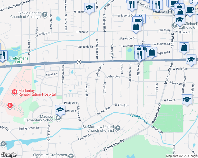 map of restaurants, bars, coffee shops, grocery stores, and more near 901 South Gables Boulevard in Wheaton