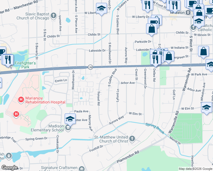 map of restaurants, bars, coffee shops, grocery stores, and more near 901 South Gables Boulevard in Wheaton
