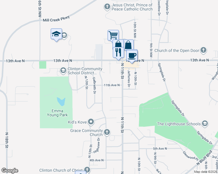 map of restaurants, bars, coffee shops, grocery stores, and more near 1001 Sweet Briar Ln in Clinton