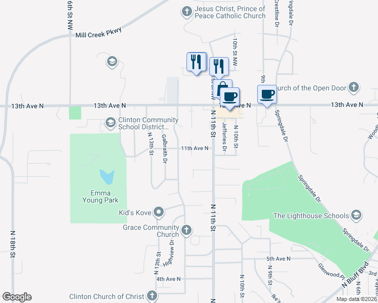 map of restaurants, bars, coffee shops, grocery stores, and more near 1001 Sweet Briar Ln in Clinton