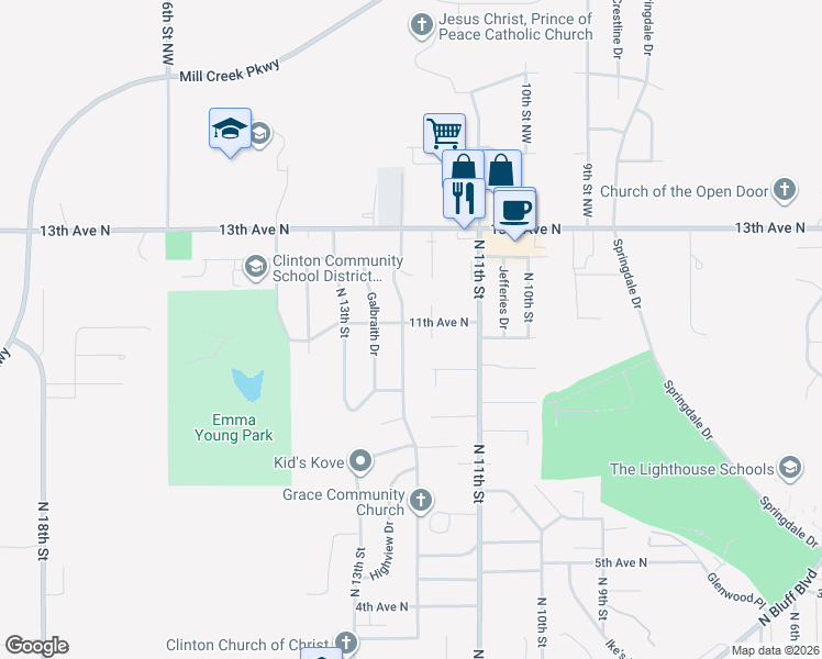map of restaurants, bars, coffee shops, grocery stores, and more near 1036 North 12th Street in Clinton