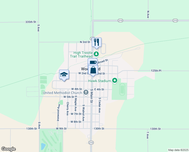 map of restaurants, bars, coffee shops, grocery stores, and more near 210 Cedar Avenue in Woodward