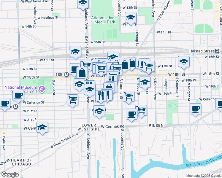 map of restaurants, bars, coffee shops, grocery stores, and more near 1900 South Blue Island Avenue in Chicago