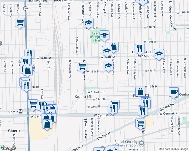 map of restaurants, bars, coffee shops, grocery stores, and more near 4338 West 18th Street in Chicago