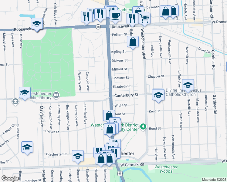 map of restaurants, bars, coffee shops, grocery stores, and more near in Westchester