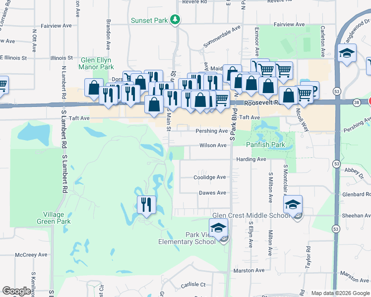 map of restaurants, bars, coffee shops, grocery stores, and more near 108 South Parkside Avenue in Glen Ellyn